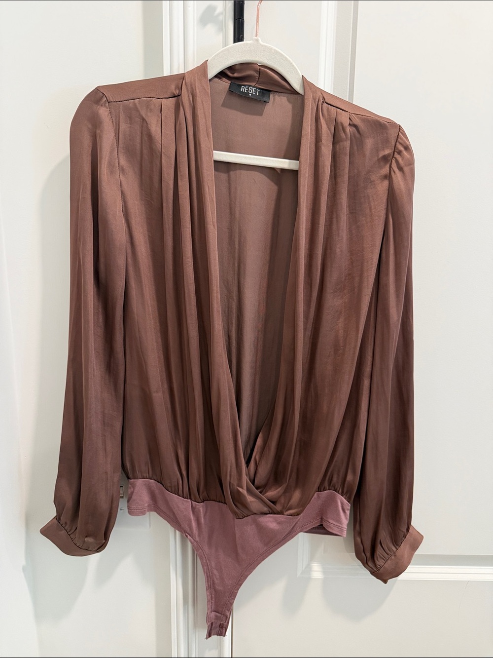 The Reset Rose-Brown Satin Draped V-Neck Bodysuit